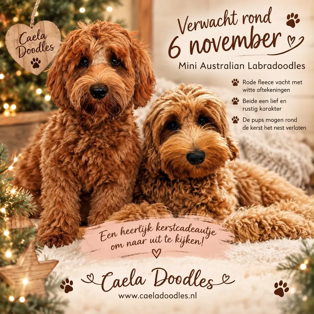 Aankondiging: nest Mini Australian Labradoodles verwacht rond 6 november 2026, met twee rode labradoodles in kerstsfeer